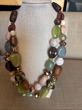 Erica Lyons Vintage Chunky Wooden Bead Statement Necklace Boho Double Strand EL